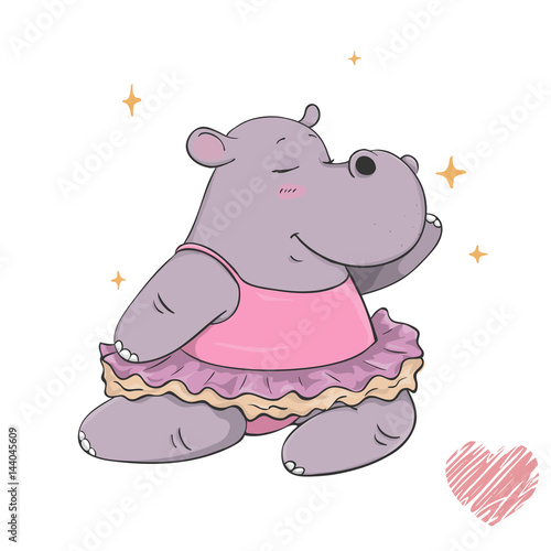 colorful hand drawn cartoon hippo dancing ballet in a tutu isolated on white background. outline vector illustration. dancing animals. Children's illustration vector