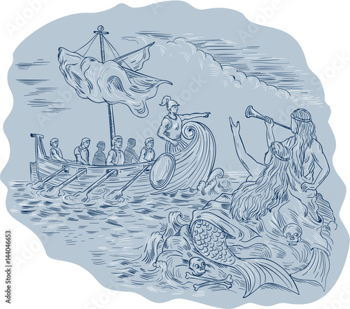 Greek Trireme Navigator Pointing Avoiding Sirens Drawing