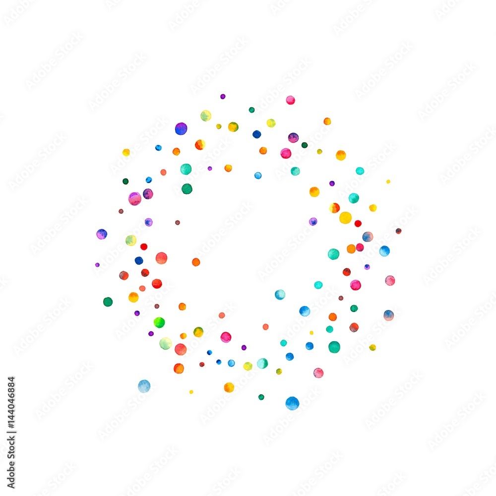Dense watercolor confetti on white background. Rainbow colored