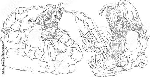 Zeus Vs Poseidon Black and White Drawing