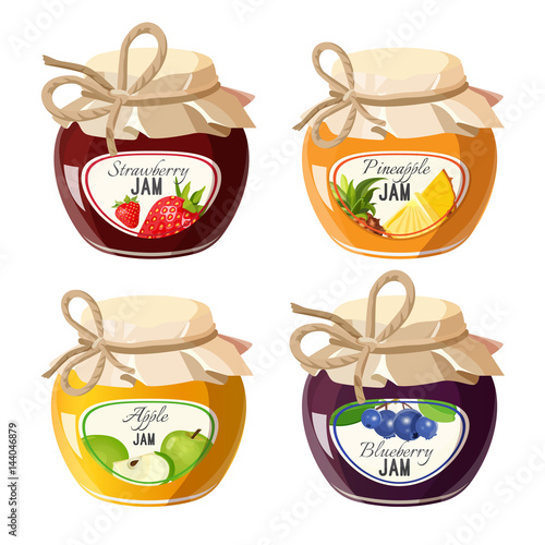 Jars with red strawberry, healthy pineapple, apple and blueberry jam