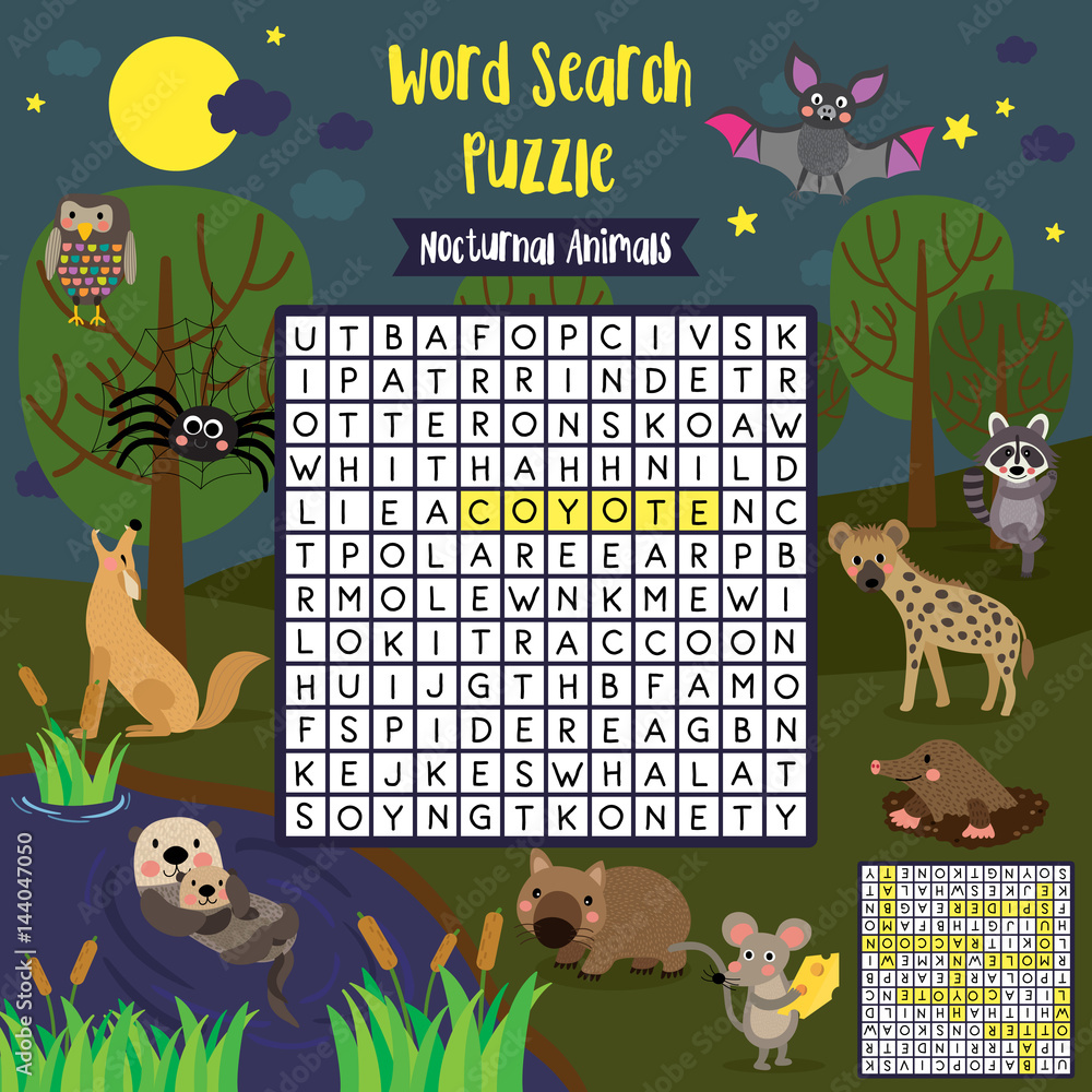 Words search puzzle game of noctusnal animals for preschool kids ...