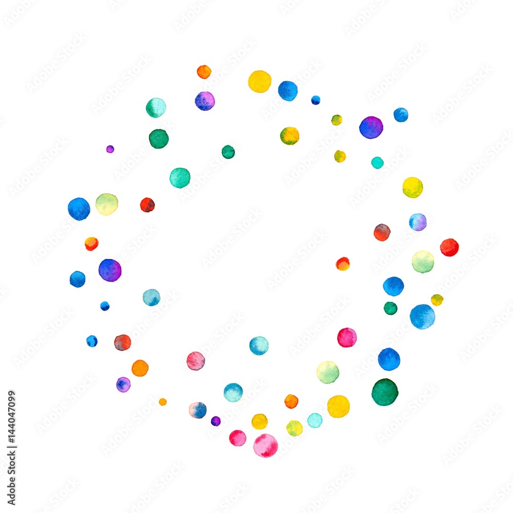 Sparse watercolor confetti on white background. Rainbow colored watercolor confetti circle frame. Colorful hand painted illustration. - obrazy, fototapety, plakaty 