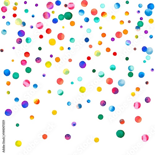 Sparse watercolor confetti on white background. Rainbow colored watercolor confetti top gradient. Colorful hand painted illustration.