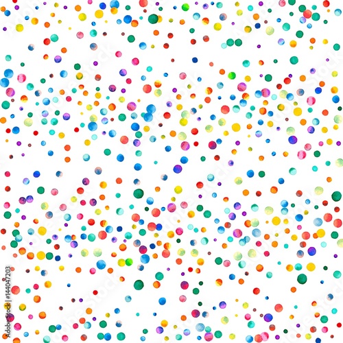 Dense watercolor confetti on white background. Rainbow colored watercolor confetti scatter horizontal lines. Colorful hand painted illustration.
