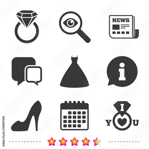 Wedding dress icon. Women's shoe symbol.