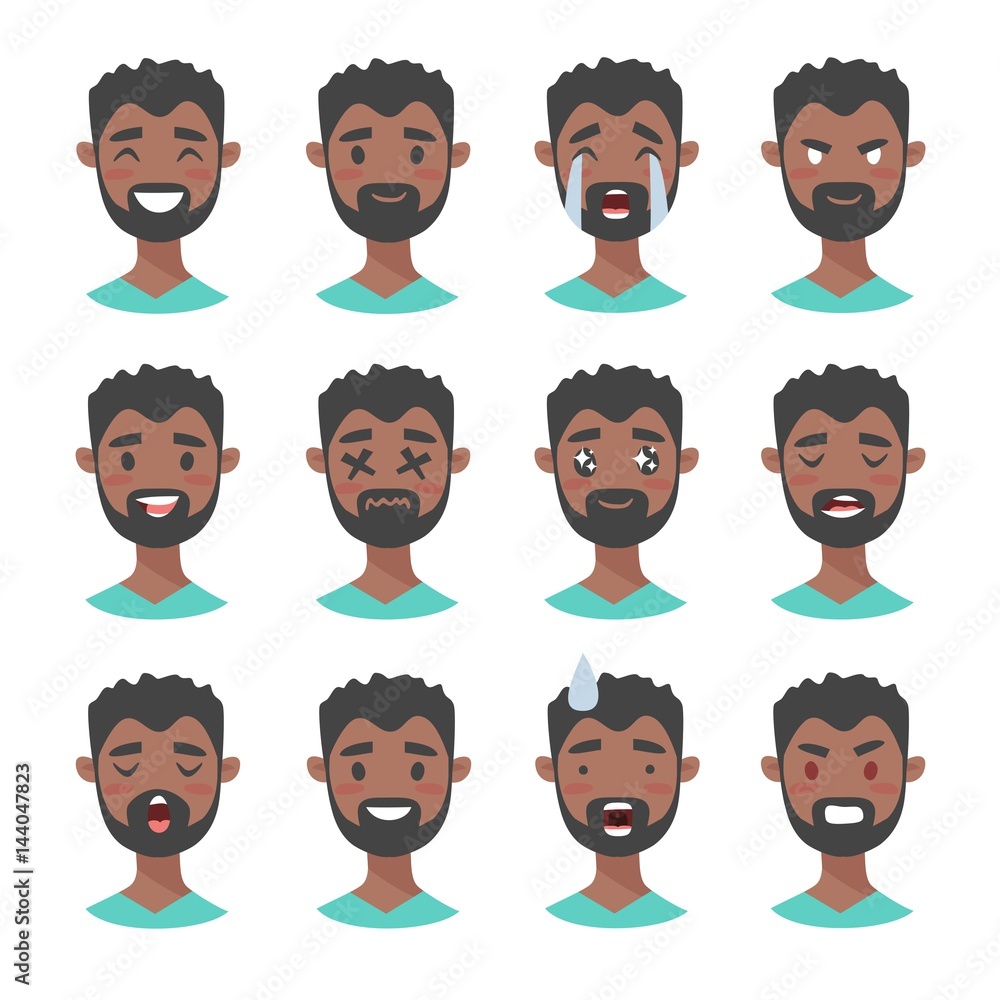 Set of male emoji characters. Cartoon style emotion icons. Isolated black  boys avatars with different facial expressions. Flat illustration mens  emotional faces. Hand drawn vector Stock Vector | Adobe Stock