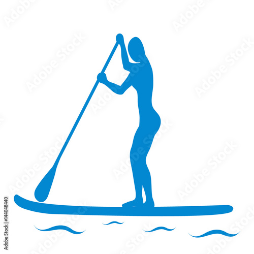 Vector illustration of stand up paddling female silhouette icon.