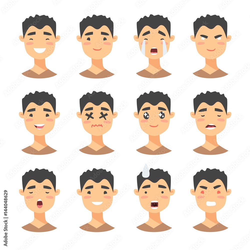 Set of male emoji characters. Cartoon style emotion icons. Isolated boys avatars with different facial expressions. Flat illustration mens emotional faces. Hand drawn vector Set of male emoji characters. Cartoon style emotion icons. Isolated boys avatars with different facial expressions. Flat illustration mens emotional faces. Hand drawn vector