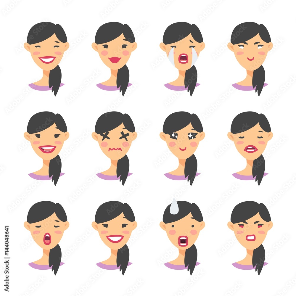 Set of asian emoji character. Cartoon style emotion icons. Isolated girl avatars with different facial expressions. Flat illustration womens emotional faces. Hand drawn vector drawing emoticon Set of asian emoji character. Cartoon style emotion icons. Isolated girl avatars with different facial expressions. Flat illustration womens emotional faces. Hand drawn vector drawing emoticon