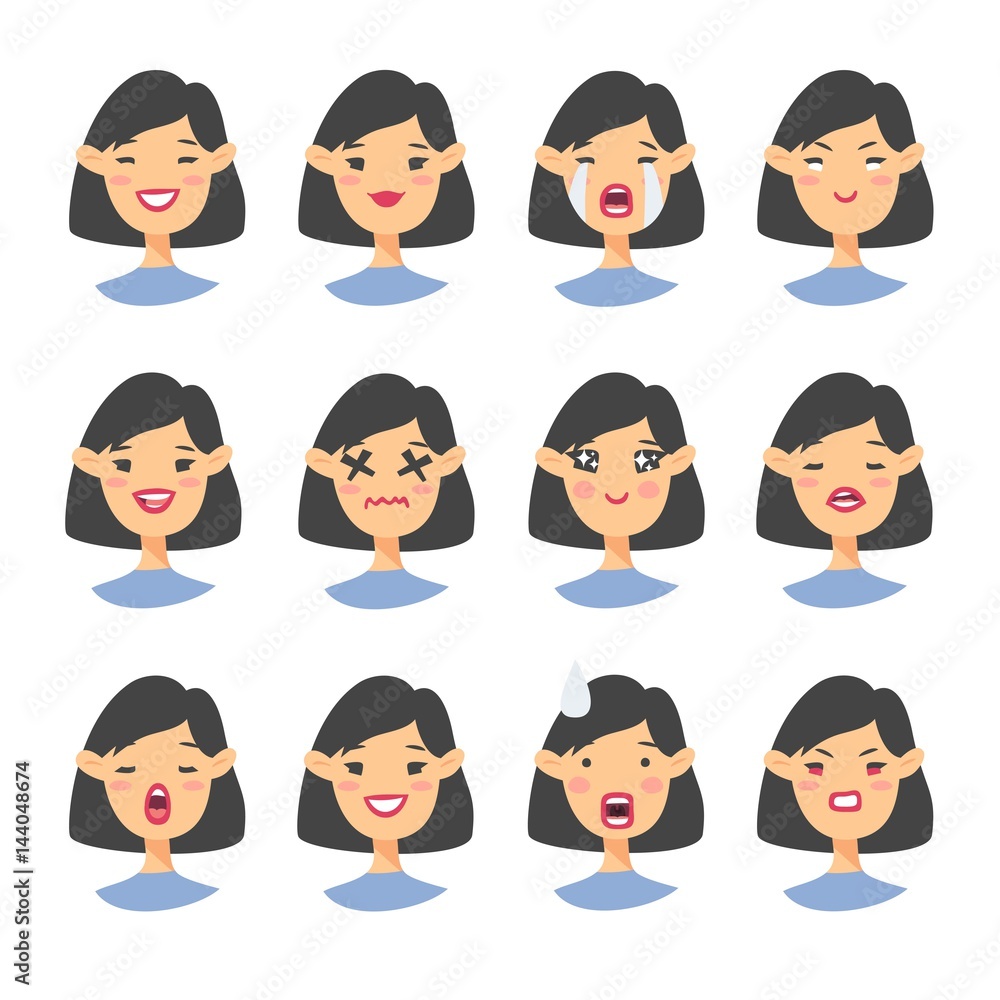 Set of asian emoji character. Cartoon style emotion icons. Isolated girl avatars with different facial expressions. Flat illustration womens emotional faces. Hand drawn vector drawing emoticon Set of asian emoji character. Cartoon style emotion icons. Isolated girl avatars with different facial expressions. Flat illustration womens emotional faces. Hand drawn vector drawing emoticon