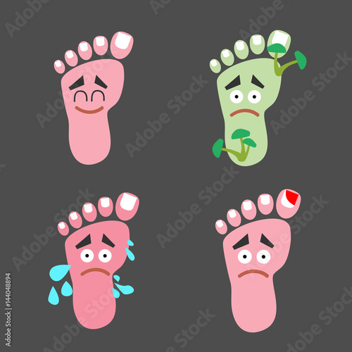 Happy and Unhappy leg with sweaty foot. fungus etc Podiatry medical concept. Human feet anatomy. Vector illustration