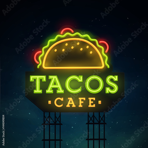 Tacos road sing. City sign neon. Logo, emblem. Tacos neon sign, bright signboard, light banner. 