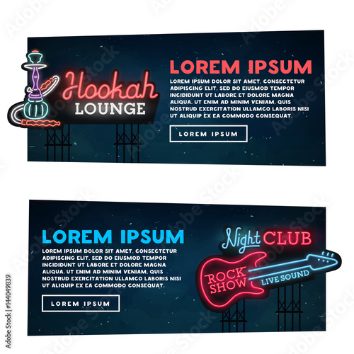 Web banner. Hookah lounge and Rock show road sing. City sign neon, bright signboard, light banner. 