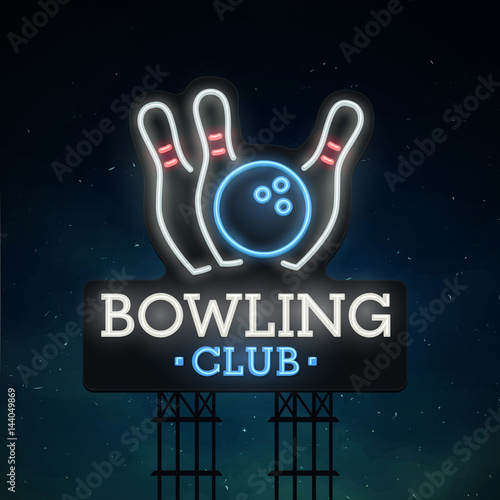 Bowling road sing. City sign neon. Logo, emblem. Bowling neon sign, bright signboard, light banner. 