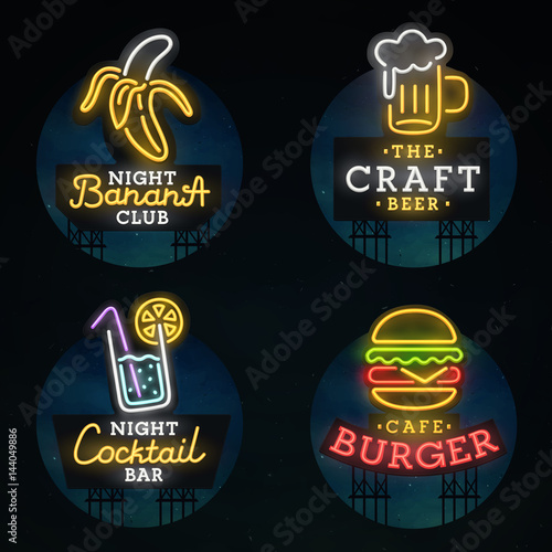 Set neon sign. Neon sign, bright signboard, light banner. 