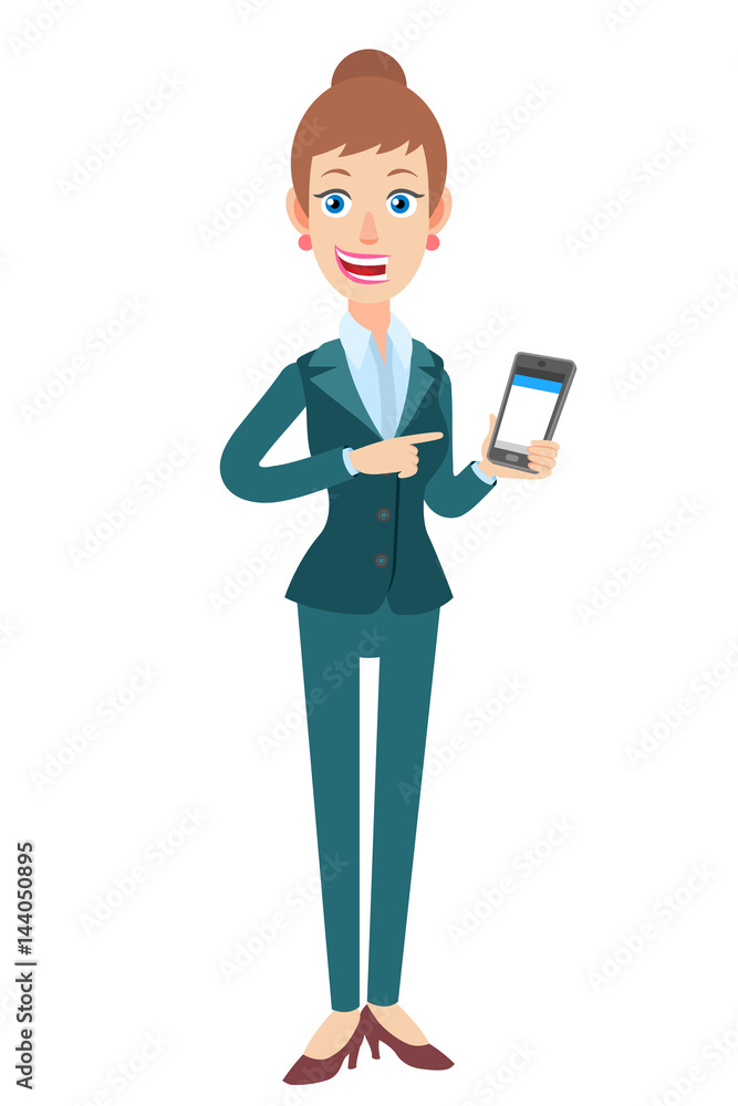 Businesswoman pointing at mobile phone in his hand