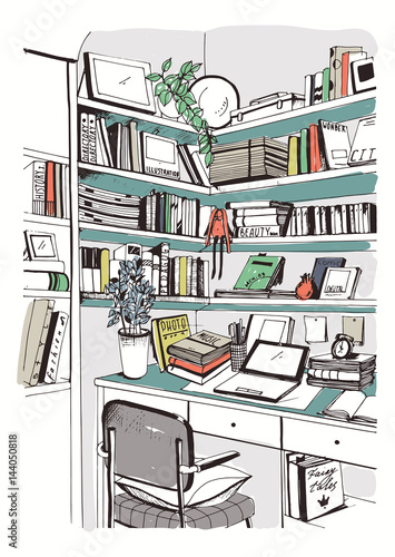 Modern interior home library, bookshelves, workplace hand drawn colorful sketch illustration.
