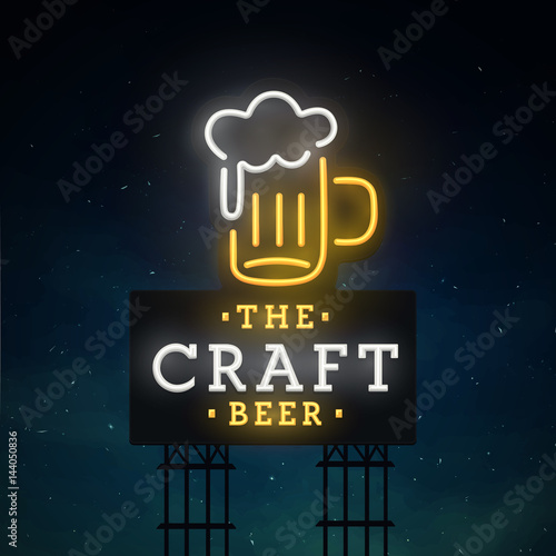 Beer road sing. City sign neon. Logo, emblem. Beer neon sign, bright signboard, light banner. 