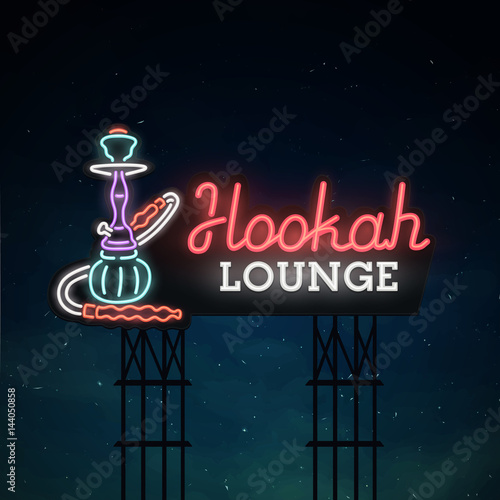 Hookah road sing. City sign neon. Logo, emblem. Hookah neon sign, bright signboard, light banner. 