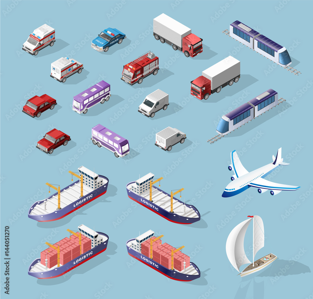 Fototapeta premium Collection of Realistic Isometric High Quality City Element for Map. Vehicles