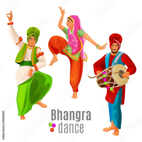 Bhangra dance concept men and woman in national cloth dancing