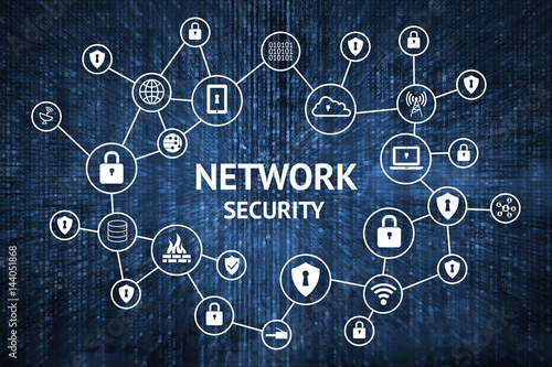 Cyber security network concept. Icons of master key , firewall , internet connect world networking virtual and blue binary coded matrix background