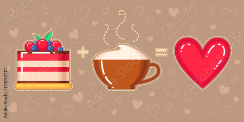 vector illustration of cake, cappuccino cup and red heart on brown background