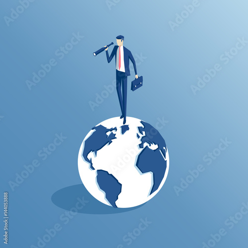 Businessman standing on Earth and looking through a telescope isometric illustration. Business concept find the opportunity in the world