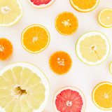 Lemon, orange, mandarin, grapefruit and sweetie on white background. Flat lay, top view. Print of fruits