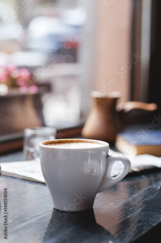 Coffee cup , laptop in coffee shop , business,