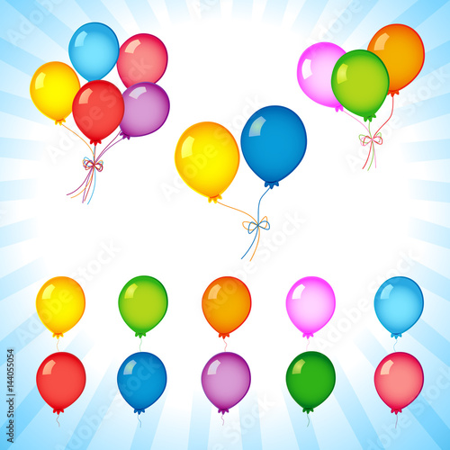 Colorful helium balloons on flash radial lines. Bunches and groups of colored helium balloons isolated on on flash radial lines background