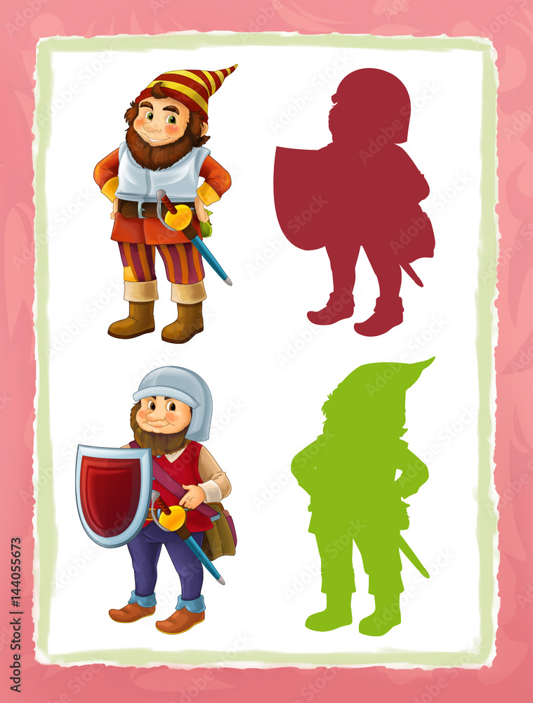 cartoon page with medieval characters different knight dwarfs game with shapes cartoon page with medieval characters different knight dwarfs game with shapes