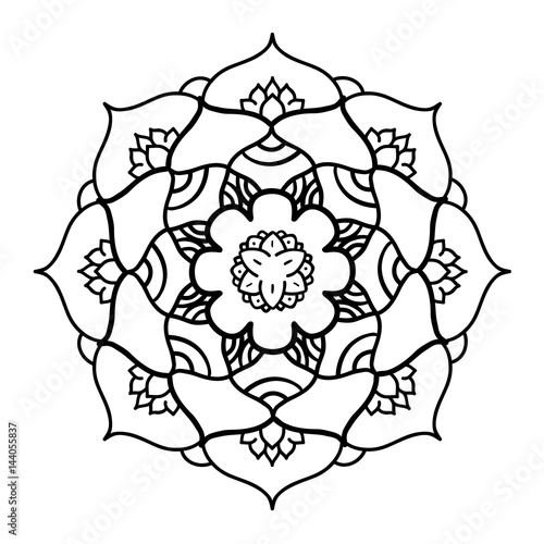 Mandala ornament. Round template. Decorative element  can be used for greeting card, wedding invitation, yoga poster, coloring book.. Doodle emblem.