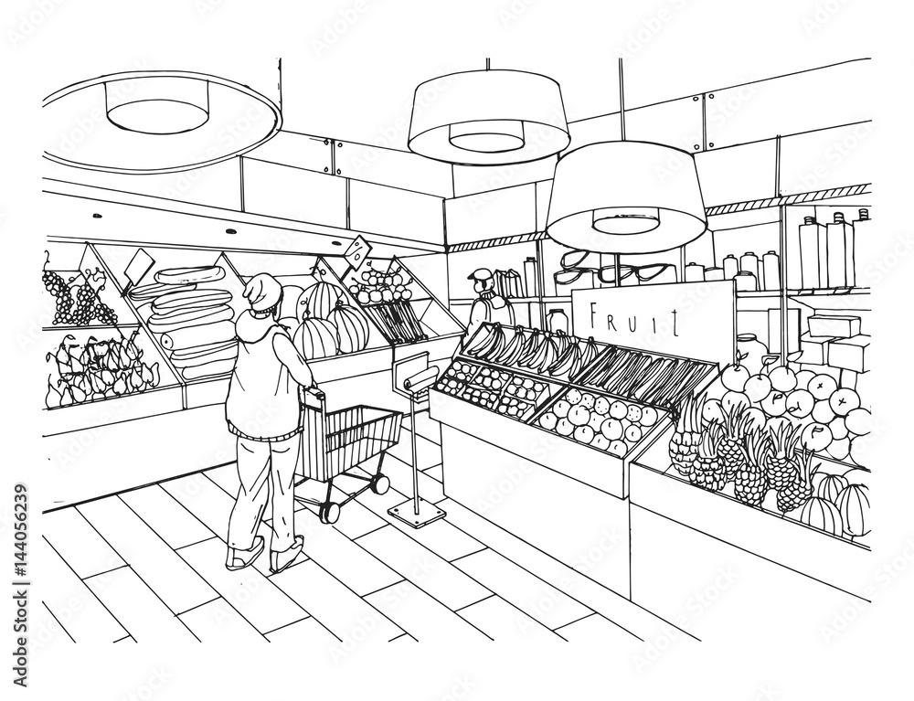 Supermarket Interior In Hand Drawn Style Grocery Store Vegetable supermarket-interior-in-hand-drawn-style-grocery-store-vegetable