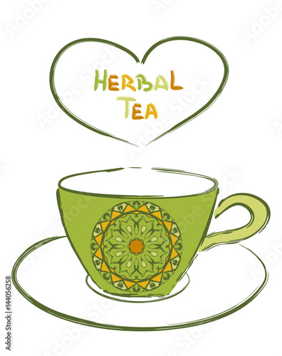 Cup of tea in bright colors and text Herbal Tea inside the heart. Sketch vector illustration