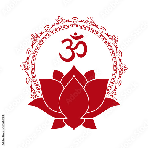 Om symbol with hand drawn mandala and Lotus. Set of oriental ornaments for greeting card, invitation, yoga poster, coloring book.