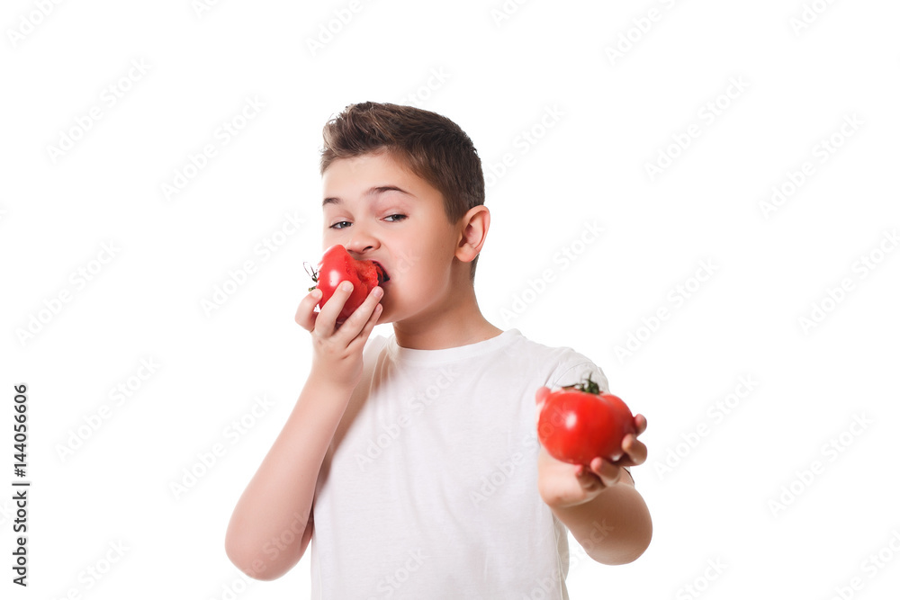 Healthy boy with food on a white background in the studio, Healthy boy with food on a white background in the studio,