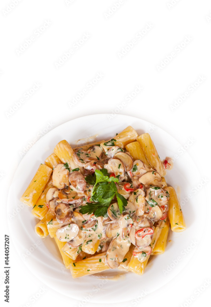 rigatoni pasta with mushroom sauce in a plate. top view. isolated on white rigatoni pasta with mushroom sauce in a plate. top view. isolated on white