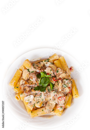 rigatoni pasta with mushroom sauce in a plate. top view. isolated on white