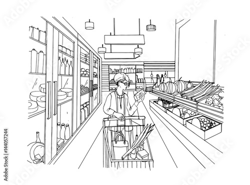 Supermarket interior with shopper girl. Grocery store, hand drawn colorful illustration.