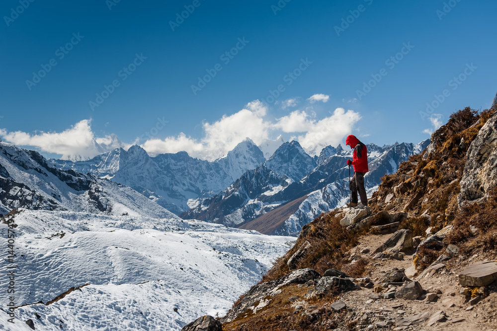 Trekker in Khumbu valley on a way to Everest Base camp