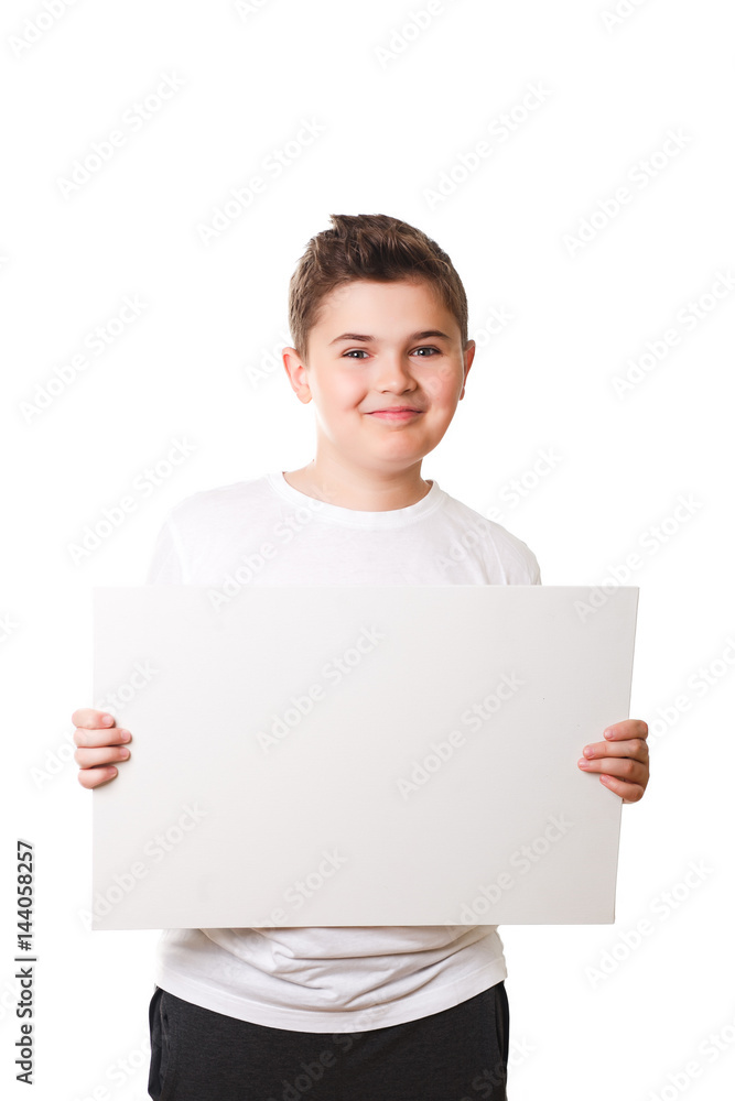 Funny little boy holding a large white plate for your text Funny little boy holding a large white plate for your text