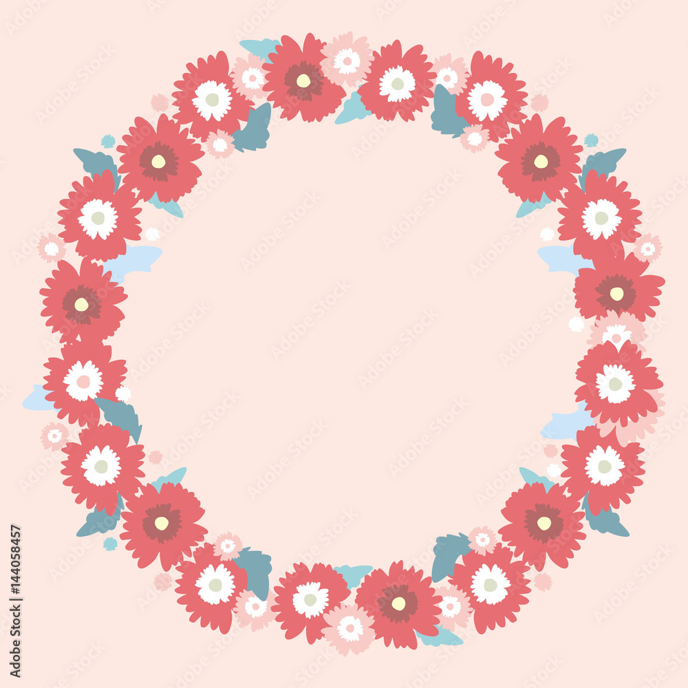 Round frame of beautiful red flowers and leaves on a pink background. Summer wreath. Vector
