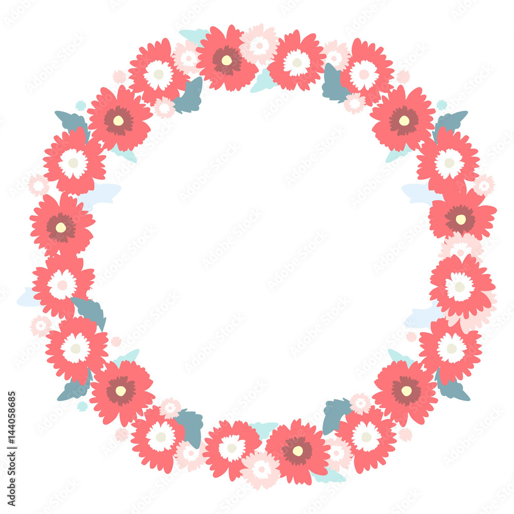 Round frame of beautiful red flowers and leaves on a white background. Summer wreath. Vector Round frame of beautiful red flowers and leaves on a white background. Summer wreath. Vector