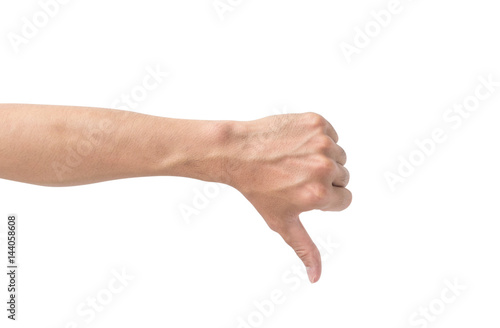 Thumb down hand sign isolated on white background