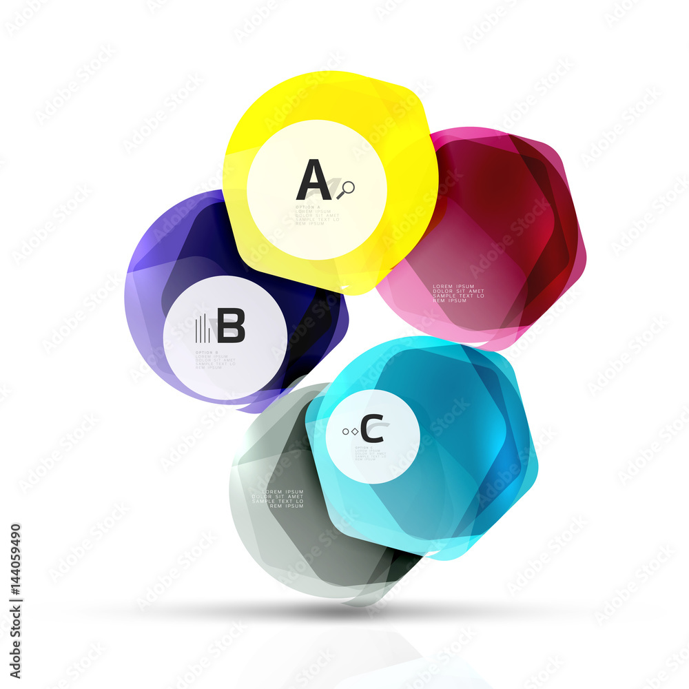 Glass color hexagons. Glossy plastic hexagon design with text Glass color hexagons. Glossy plastic hexagon design with text
