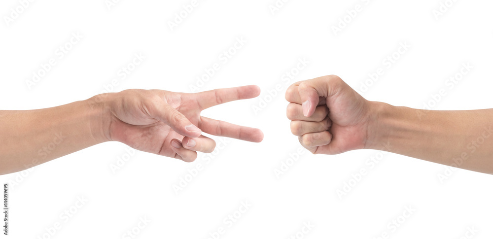 Man hand playing rock paper scissors isolate on white background Man hand playing rock paper scissors isolate on white background