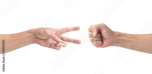 Man hand playing rock paper scissors isolate on white background