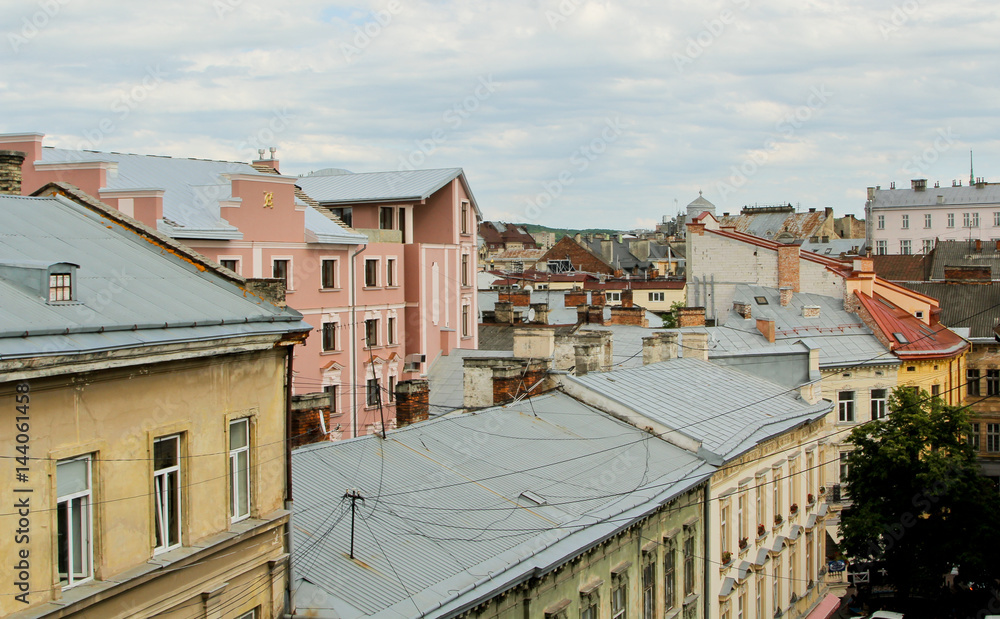  View of the old part city with roof. View of the Doroshenko and Copernicus street and their old the roof